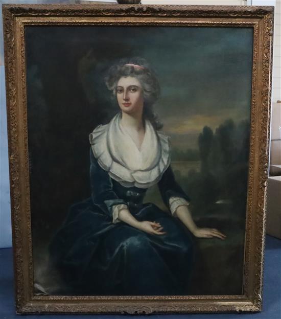 Attributed to Bartholomew Dandridge (1691-1755) Portrait of a lady, standing in a landscape 50 x 40in.